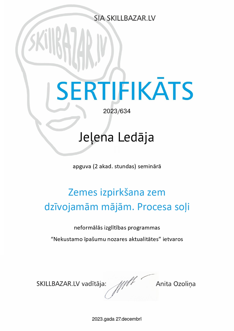 Jeļenas Ledājas mācību sertifikāts: Zemes izpirkšana zem dzīvojamām mājām. Procesa soļi
