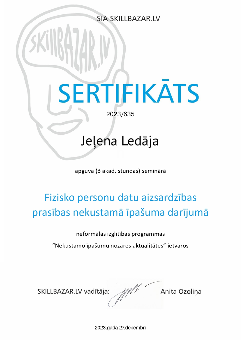 Jeļenas Ledājas mācību sertifikāts: Fizisko personu datu aizsardzības prasības nekustamā īpašuma darījumā