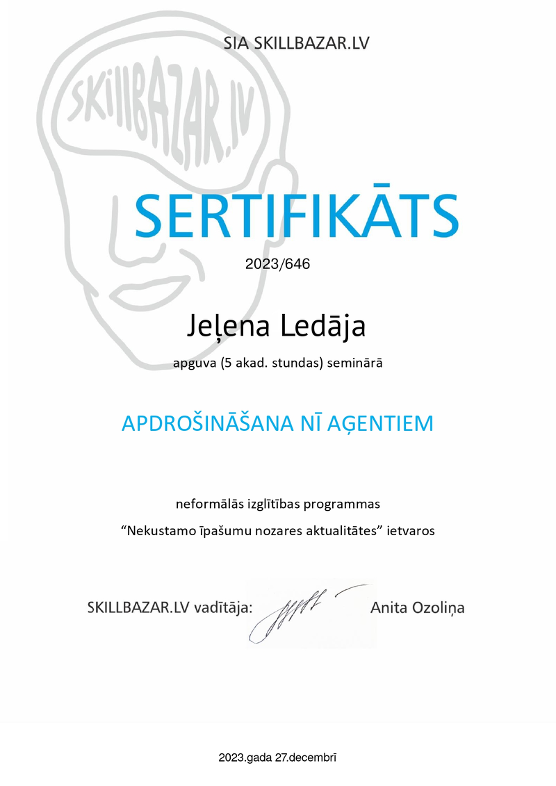 Jeļenas Ledājas mācību sertifikāts: Apdrošināšana NĪ aģentiem