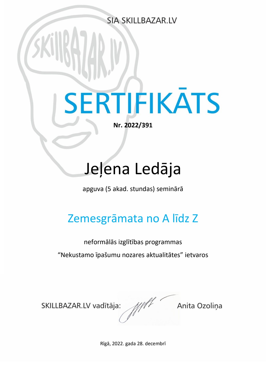 Jeļenas Ledājas mācību sertifikāts: Zemesgrāmata no A līdz Z