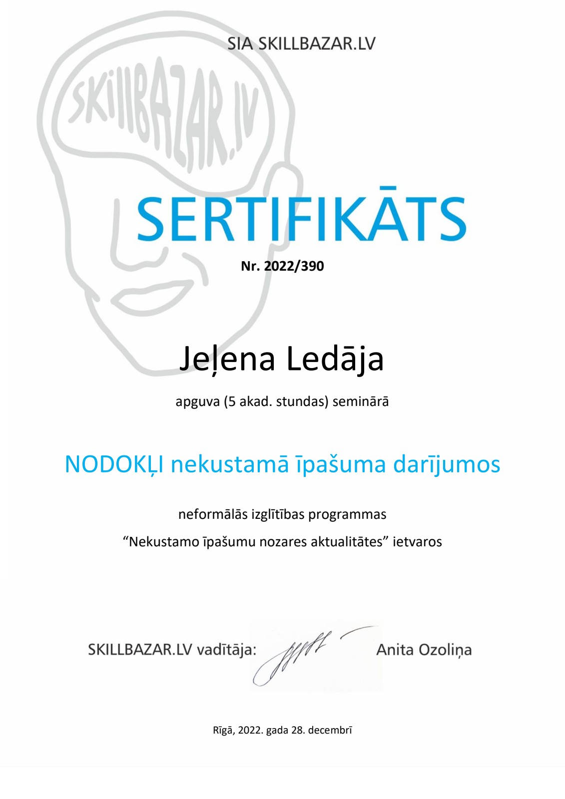 Jeļenas Ledājas mācību sertifikāts: Nodokļi nekustamā īpašuma darījumos