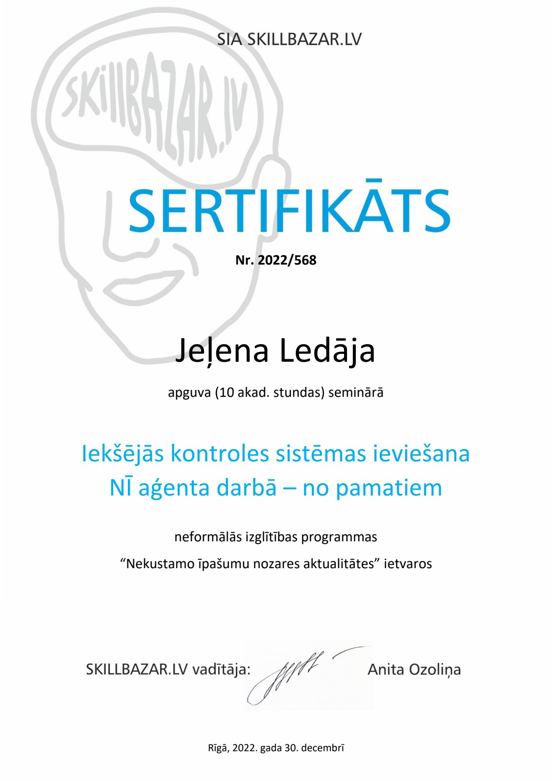 Jeļenas Ledājas mācību sertifikāts: Iekšējās kontroles sistēmas ieviešana NĪ aģenta darbā