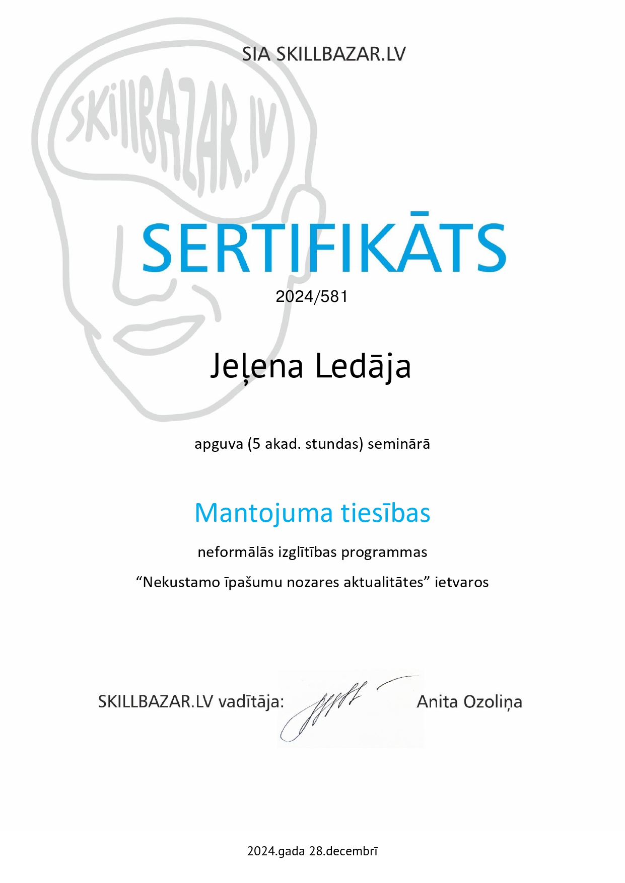Jeļenas Ledājas mācību sertifikāts: Mantojuma tiesības