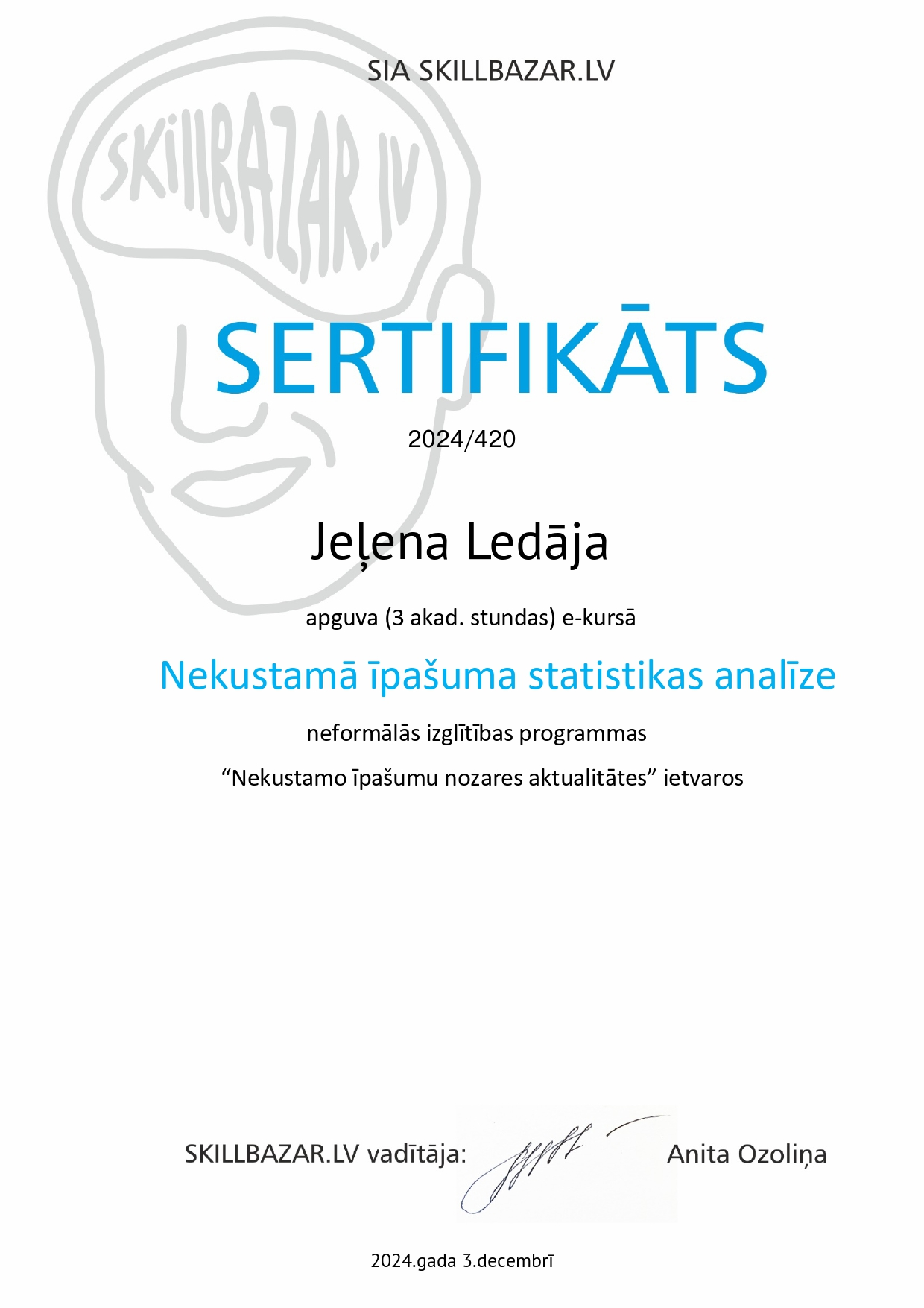 Jeļenas Ledājas mācību sertifikāts: Nekustamā īpašuma statistikas analīze