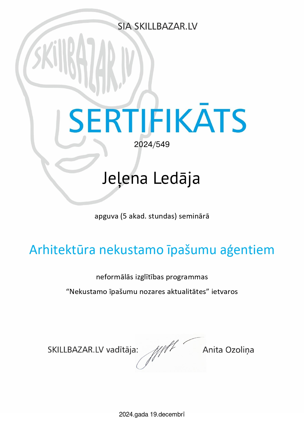 Jeļenas Ledājas mācību sertifikāts: Arhitektūra nekustamo īpašumu aģentiem